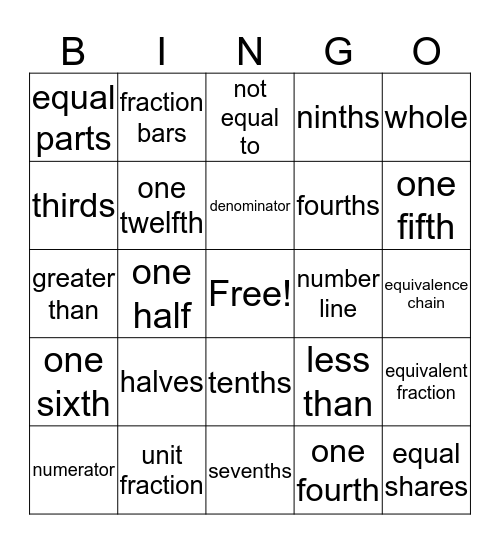 Fraction Lingo Bingo Card