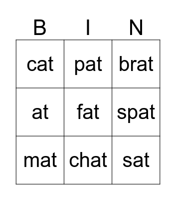 -at Word Family Bingo Card