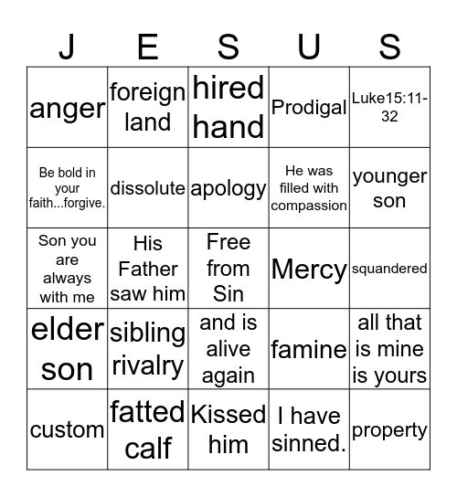 Parable of the Lost Son Bingo Card