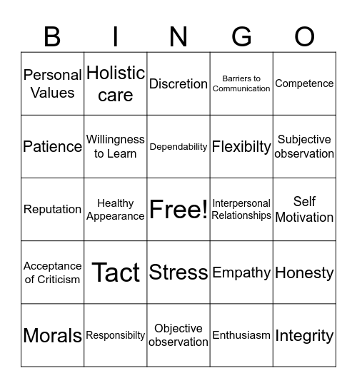 Personal and Professional Qualities Bingo Card