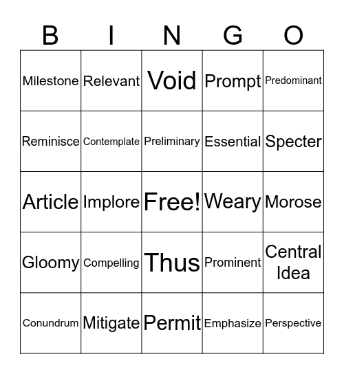 English 7 Vocabulary Review Bingo Card