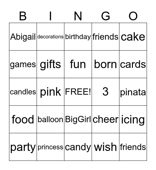 Abigail's Birthday Bingo Card