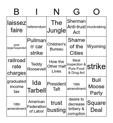 Progressive Era Bingo Card