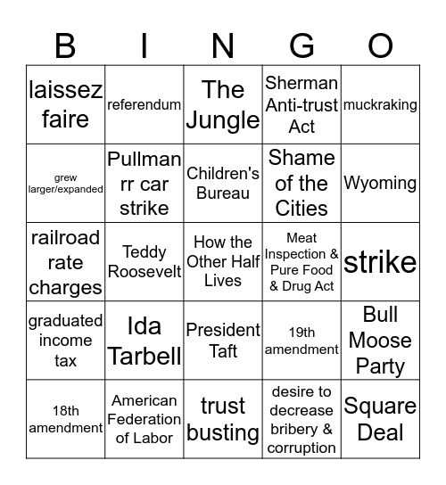 Progressive Era Bingo Card