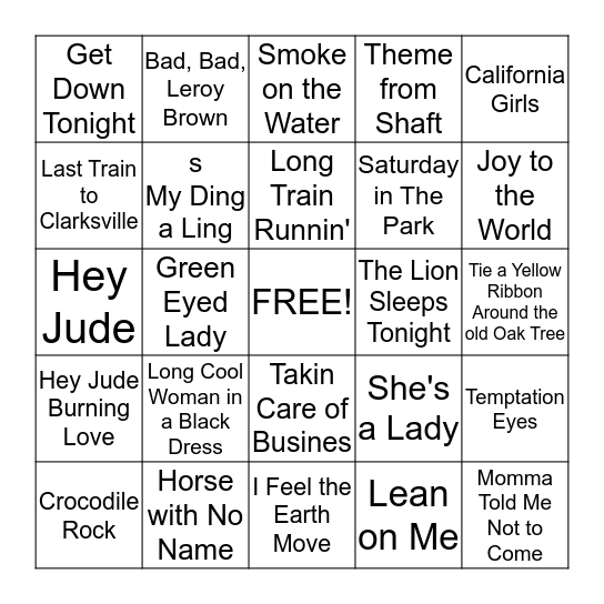 Songs from the 70's Bingo Card