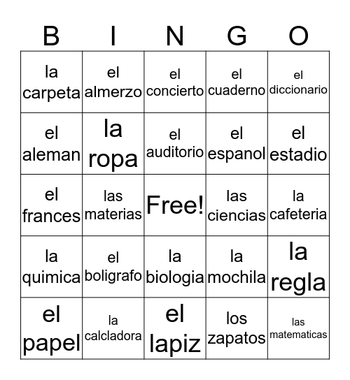 vocabulario 1 and 2 Bingo Card