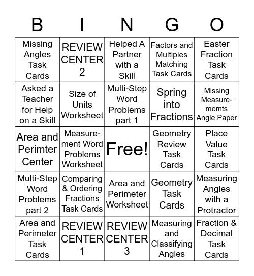 Math Center Bingo Card