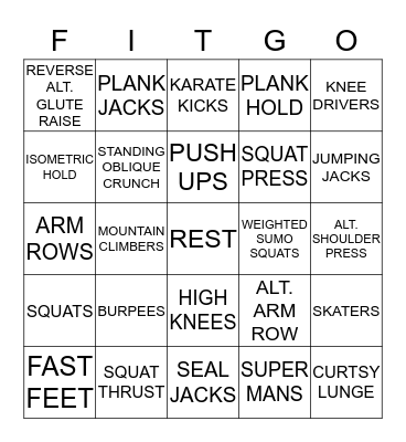 Fitspiration Fitness Bingo Card