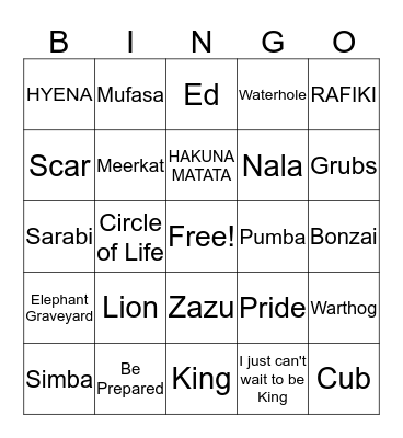 Lion King P.A.R.P. BINGO Card