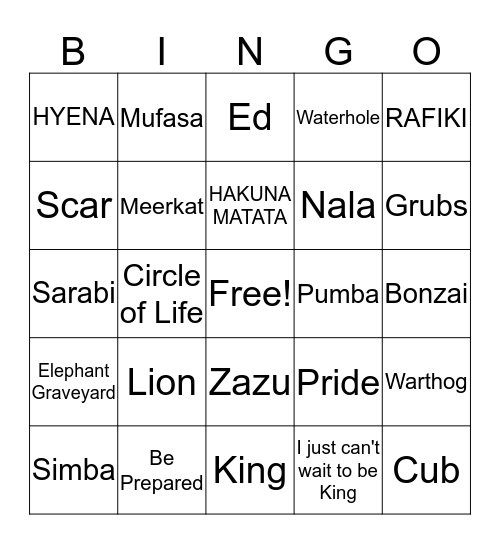 Lion King P.A.R.P. BINGO Card