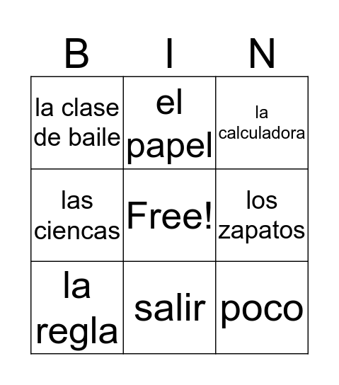 spanish words  Bingo Card