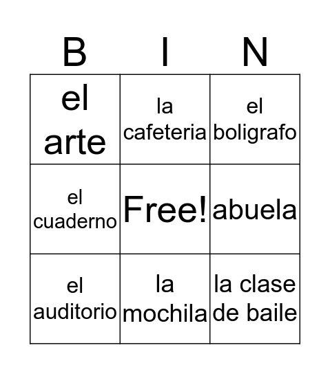 Spanish Binga Winga Bingo Card