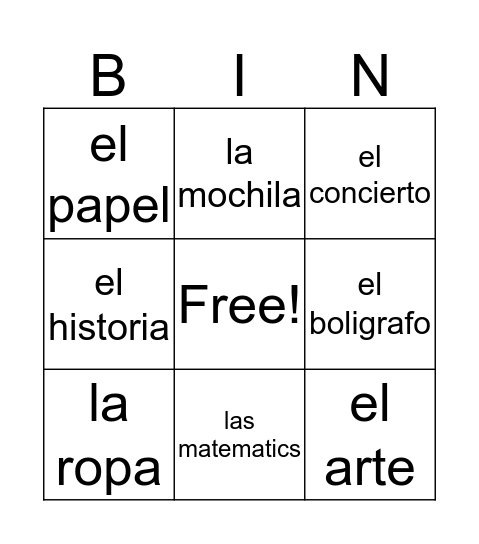 Espanol Vocabulario Dos Bingo Card