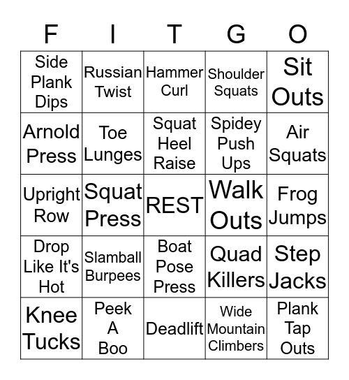 Fitspiration Fitness Bingo Card