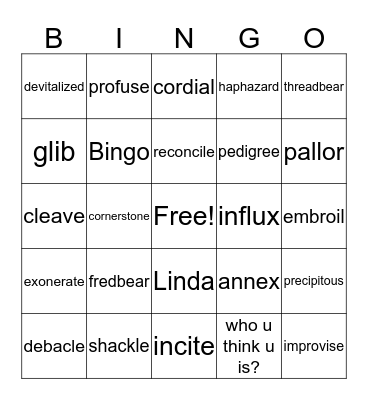 Unit 14 Words Bingo Card