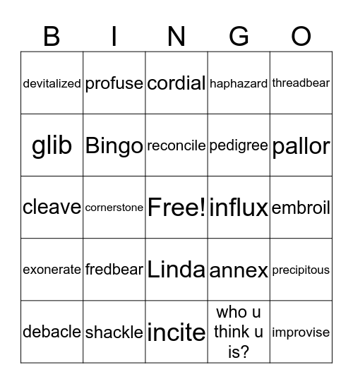 Unit 14 Words Bingo Card