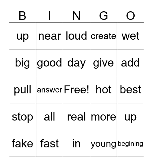 Antonyms Bingo Card