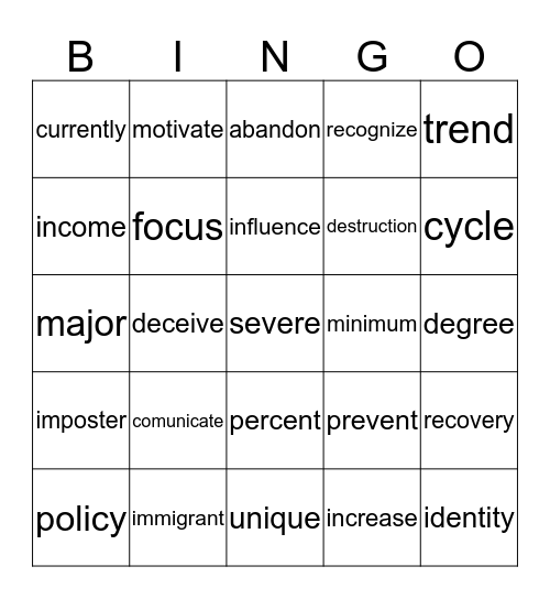 Read 180 Vocabulary Worshops 1-3 Bingo Card