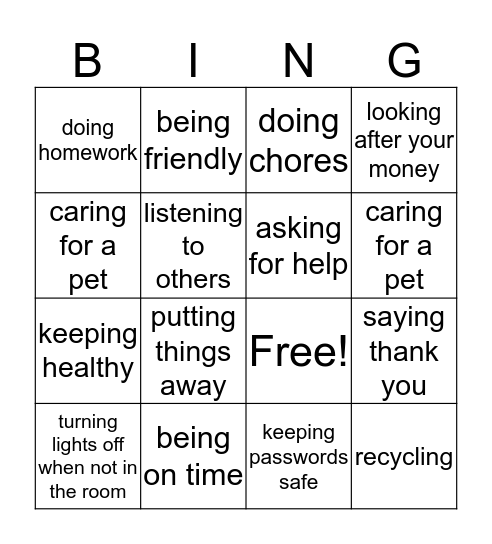 Responsibilities Bingo Card