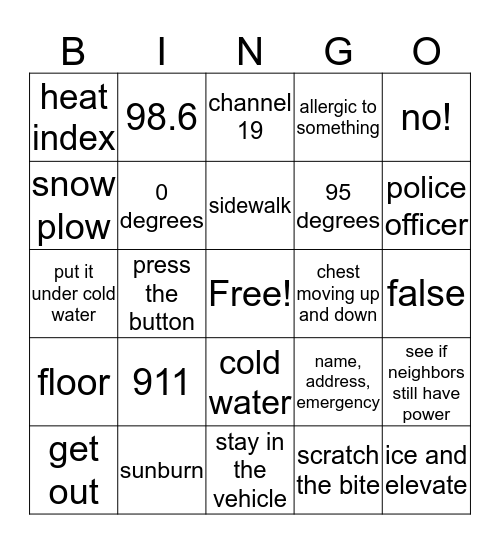 Emergency Skills Bingo Card