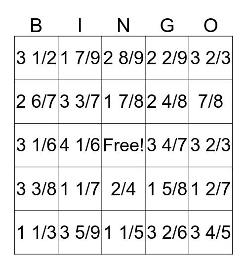 Estimating Fractions Bingo Card