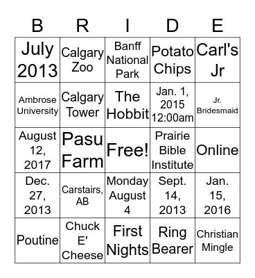 Untitled BRIDE Bingo Card