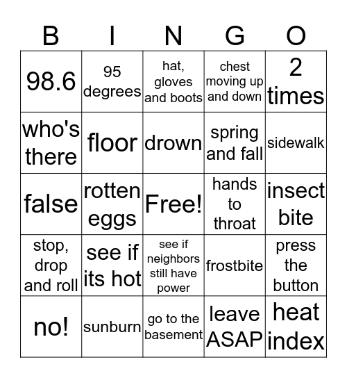 Emergeny Skills Bingo Card