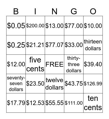 How much money? Bingo Card