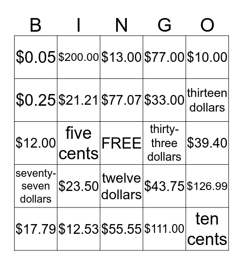 How much money? Bingo Card