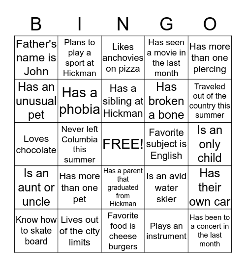 Biographical BINGO Card