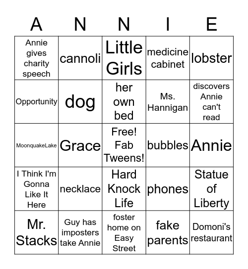 Annie Bingo! Bingo Card