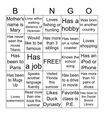 Biographical Bingo Card