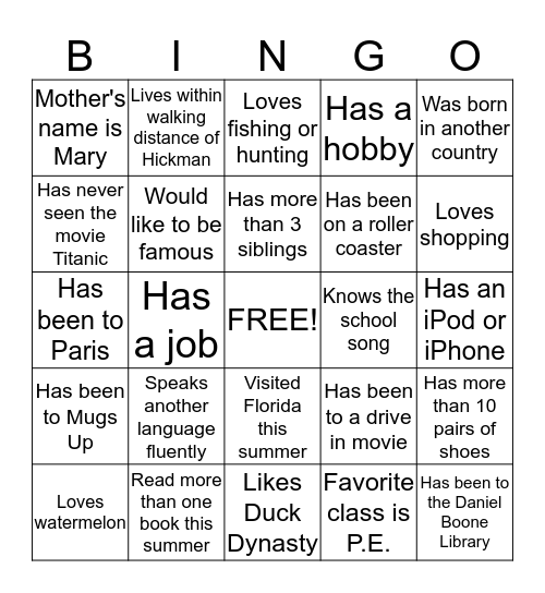 Biographical Bingo Card