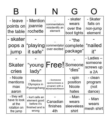 2017 Worlds Figure Skating Bingo Card