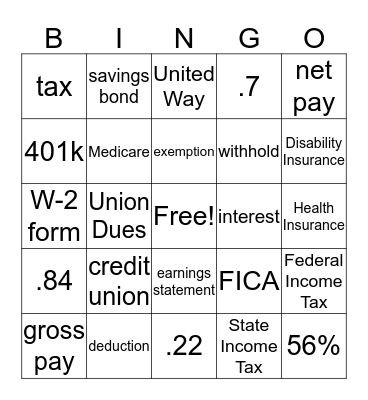 Your Take home Pay Bingo Card