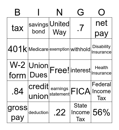 Your Take home Pay Bingo Card