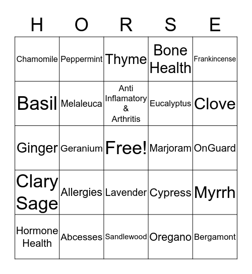 Essential Oils for Horses Bingo Card