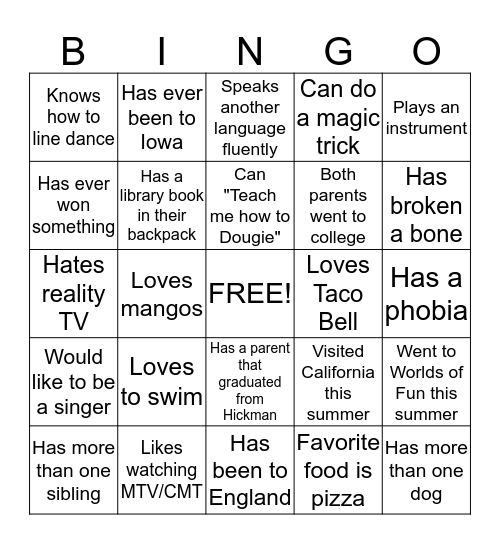 Biographical Bingo Card