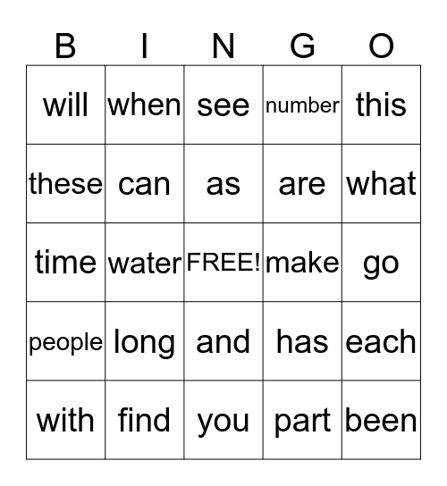 Word Bingo Card