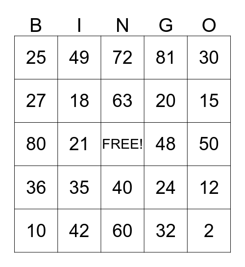 Multiplication Bingo Card