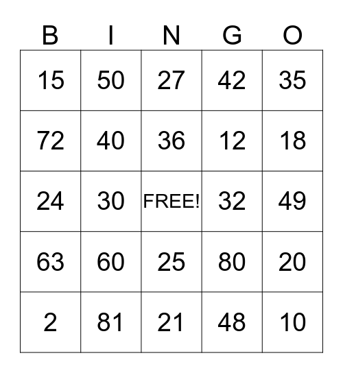 Multiplication Bingo Card