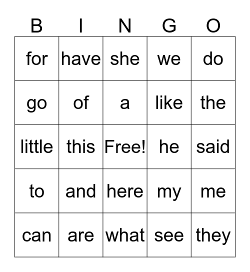 Kindergarten Words Bingo Card