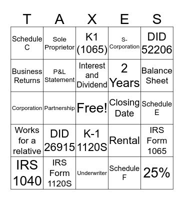 Tax Return Bingo Card
