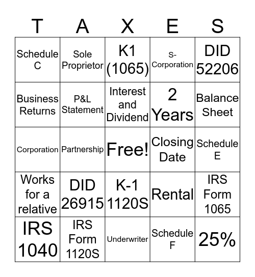 Tax Return Bingo Card