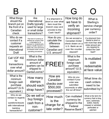 Vault & International Transactions Bingo Card
