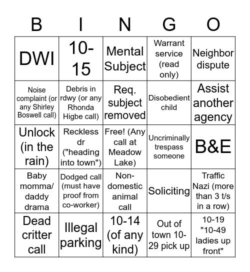 Blotter Bingo Card