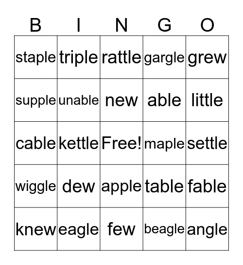 Combination Digraphs: ew ple ble tle gle Bingo Card