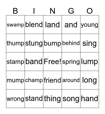 -nd, -ng, -mp Bingo Card