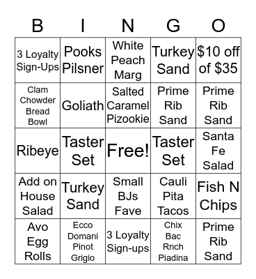 BJs Lunch BINGO Card