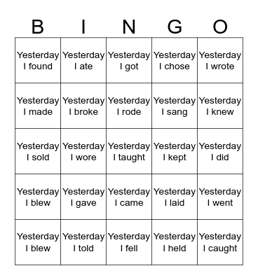 Irregular Past Tense Verbs Bingo Card